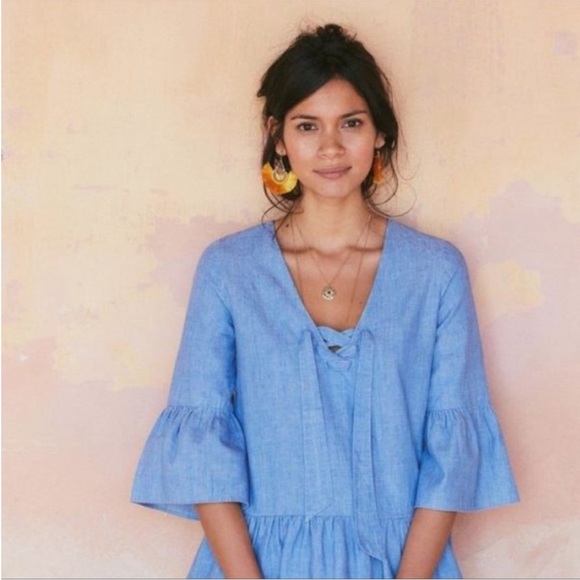 Sezane Anita Chambray Top Lace Up Denim Blouse Bell Sleeve Peplum Size 42 US 10 - Picture 2 of 16